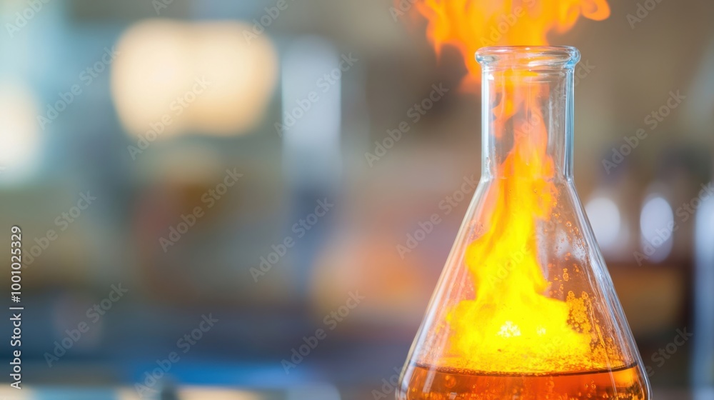 Bright flames shoot from a laboratory flask as a chemical reaction takes place, showcasing scientific experimentation in progress Bright flames shoot from a laboratory flask as a chemical reaction takes place, showcasing scientific experimentation in progress