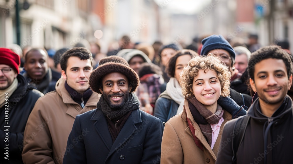 Obraz premium A Crowded Urban Street Packed with Diverse People of All Ages and Ethnicities. demographic explosion, diverse,multiethnic,inclusive,generation gap,demographic shift, DEIB