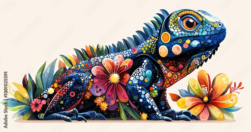 Obraz premium A vibrant vector illustration of a stylized iguana adorned with colorful floral patterns, perfect for Day of the Dead (Dia De Los Muertos) design needs.