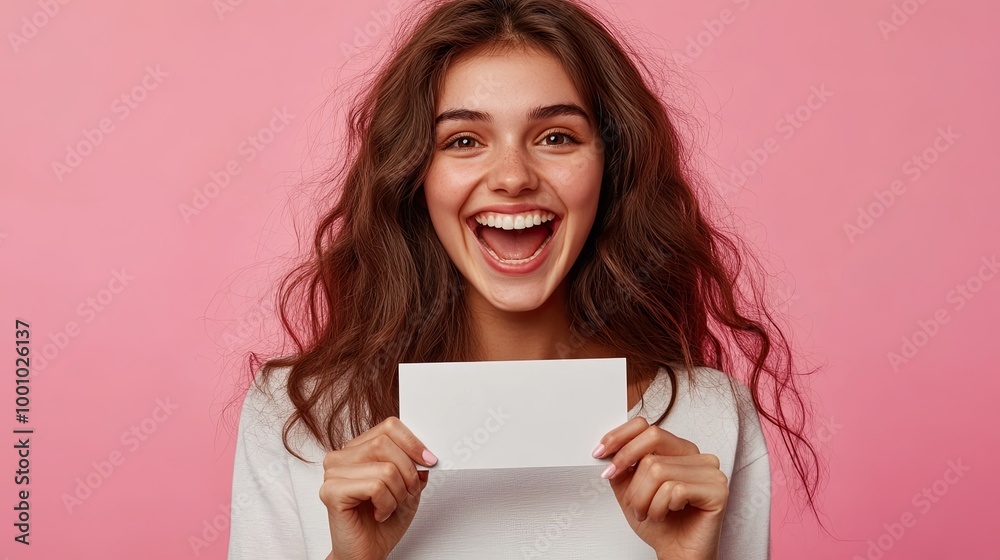 Naklejka premium Happy young woman holding a ticket or gift voucher, copy space.