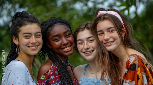 Young women of various ethnic backgrounds, smiling warmly and standing closely together