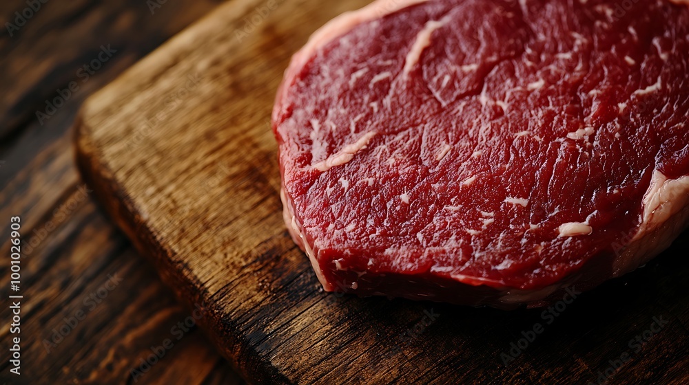 Close-up of Raw Beef Steak on a Wooden Surface Close-up of Raw Beef Steak on a Wooden Surface