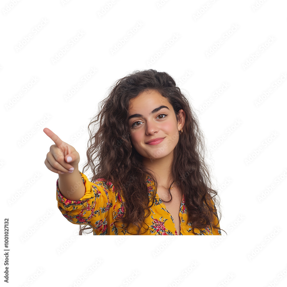 Woman pointing isolated on white background
