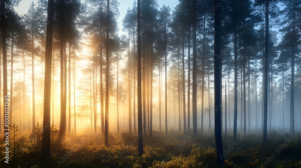 Sunbeams Illuminating a Misty Forest at Sunrise Sunbeams Illuminating a Misty Forest at Sunrise