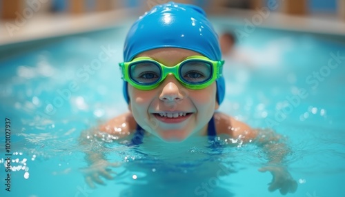 A smiling boy wearing swimming goggles swims in a pool, enjoying his time in the water. The scene is playful and energetic.