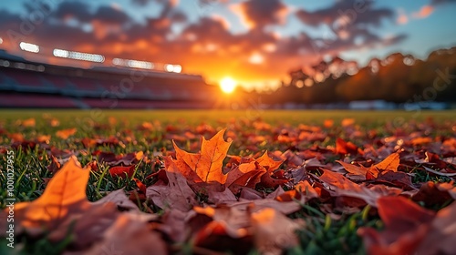 Fallen autumn leaves on a football field with stadium in the background at sunset. photo