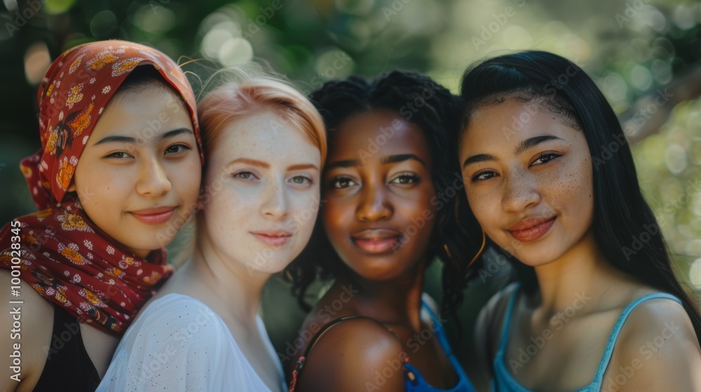 Fototapeta premium Young women of various ethnic backgrounds, standing closely and smiling