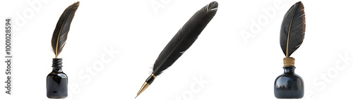 Vintage Quill Pens and Ink Bottles on White Background Isolated on Transparent Background