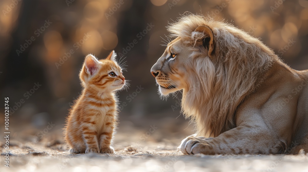 Naklejka premium Curious Kitten and Majestic Lion Side by Side
