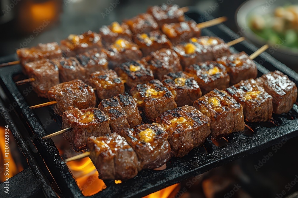delicious beef steaks and skewers sizzling on a cast iron grill flames dancing around creating a mouthwatering scene that evokes the joy of outdoor cooking delicious beef steaks and skewers sizzling on a cast iron grill flames dancing around creating a mouthwatering scene that evokes the joy of outdoor cooking