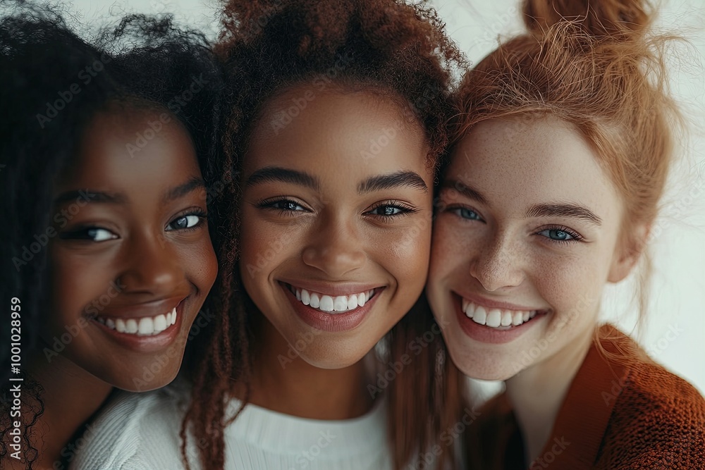 Smiling Women With Curly Hair Gathered Together for a Joyful Moment in a Bright Indoor Setting Smiling Women With Curly Hair Gathered Together for a Joyful Moment in a Bright Indoor Setting