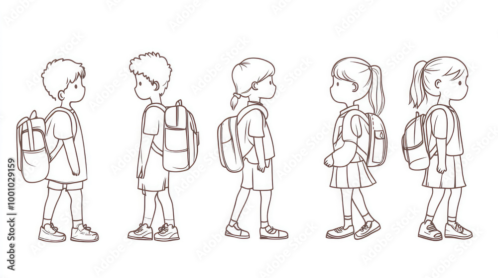 A charming illustration showcasing a small group of children carrying backpacks, all walking in a line, representing an everyday scene of youthful camaraderie. A charming illustration showcasing a small group of children carrying backpacks, all walking in a line, representing an everyday scene of youthful camaraderie.