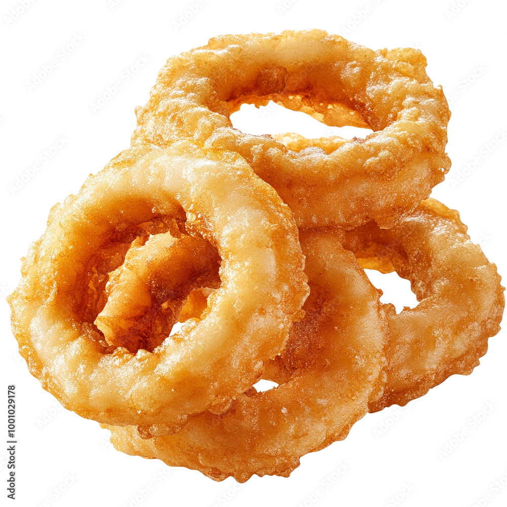 Delicious golden-brown onion rings stacked on a white background, perfect for appetizing presentations and culinary delights. Delicious golden-brown onion rings stacked on a white background, perfect for appetizing presentations and culinary delights.