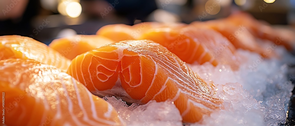 Raw salmon fish fillets arranged on ice in grocery store Raw salmon fish fillets arranged on ice in grocery store