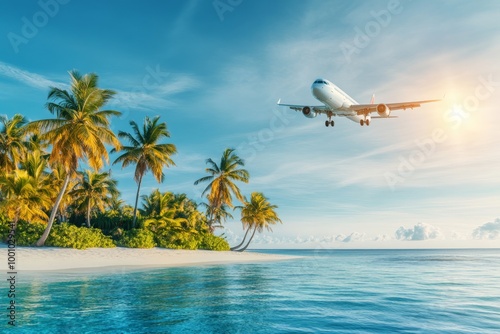 An airplane flying over tropical islands with lush greenery and vibrant blue waters beneath it.