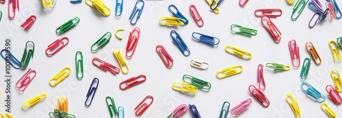 Colorful paper clips scattered on a white background