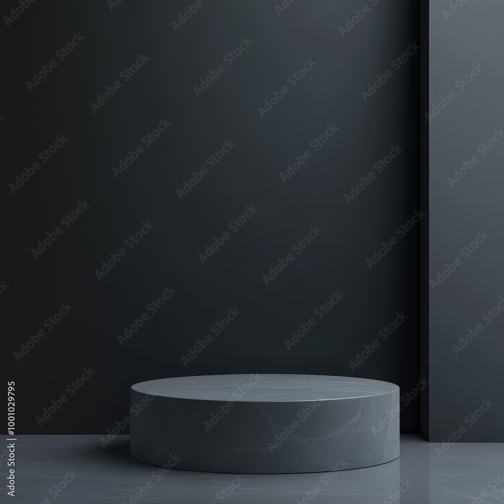 Black marble pedestal on a black background. 3d rendering. Black marble pedestal on a black background. 3d rendering.