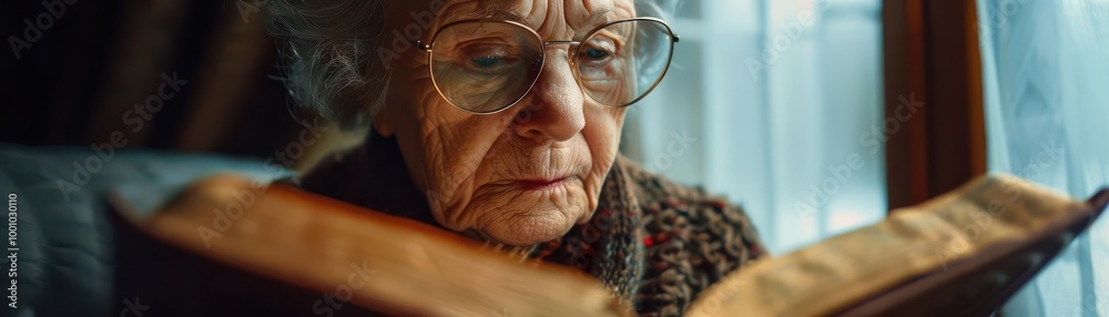 Detailed image of an elderly woman reading her Bible by a window ultra-clear image Detailed image of an elderly woman reading her Bible by a window ultra-clear image