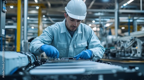 Engineer working on electric vehicle battery assembly in factory