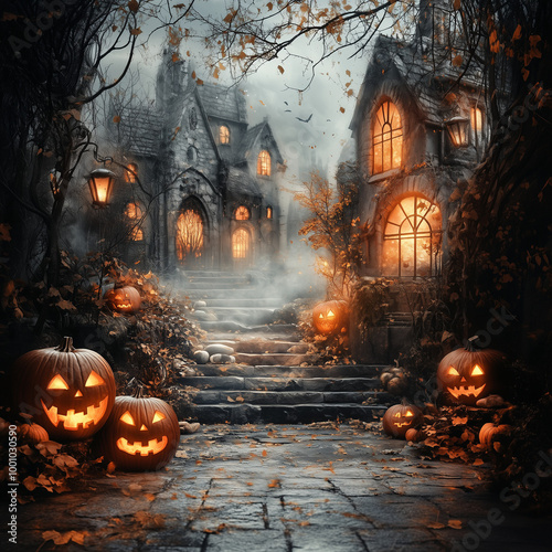 halloween pumpkin in the graveyard, Generative AI	
