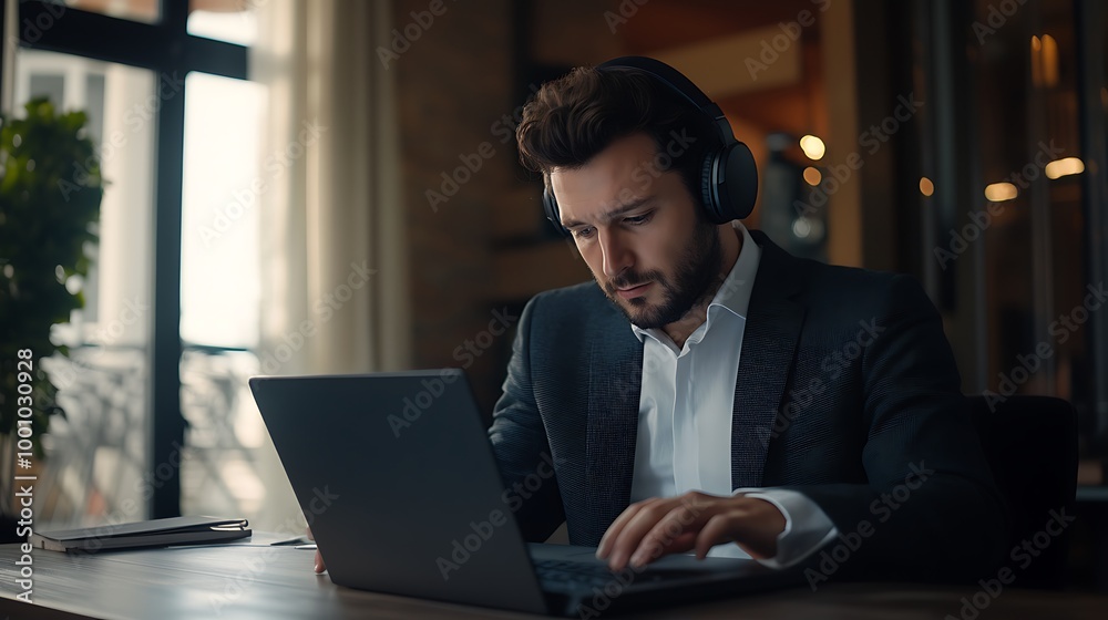 A man in a business suit, typing on his laptop while listening to something through his black headphones. A man in a business suit, typing on his laptop while listening to something through his black headphones.