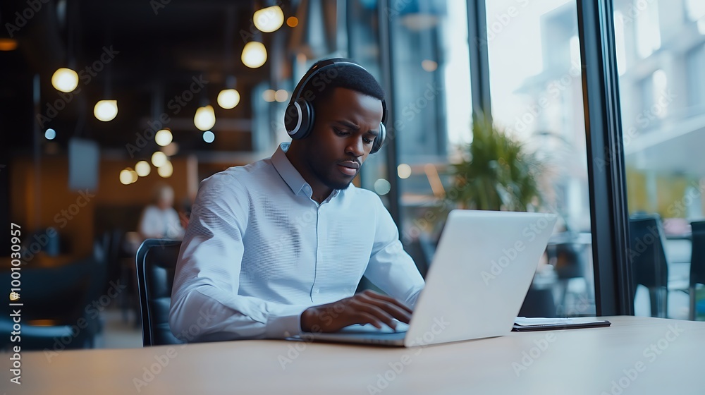 A man in a formal shirt, wearing headphones, working on a financial report on his laptop at a desk. A man in a formal shirt, wearing headphones, working on a financial report on his laptop at a desk.