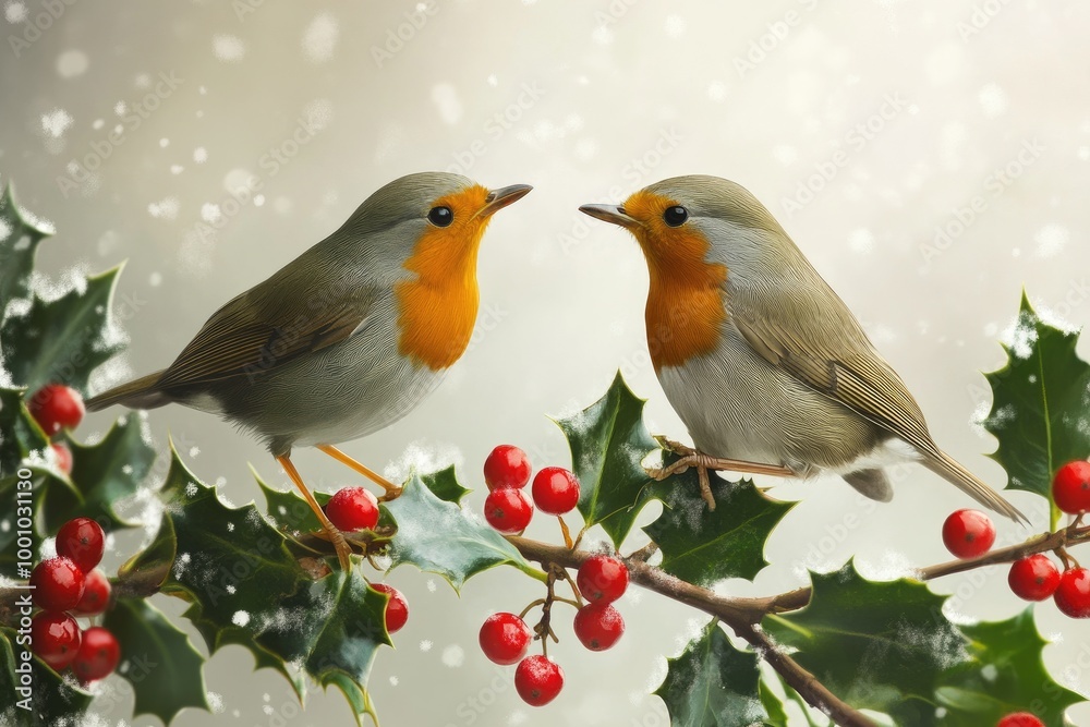 Two robins perched on a holly branch with red berries in a snowy setting Two robins perched on a holly branch with red berries in a snowy setting