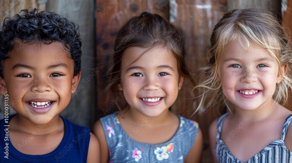 Three smiling children from different ethnic backgrounds, their faces close Three smiling children from different ethnic backgrounds, their faces close