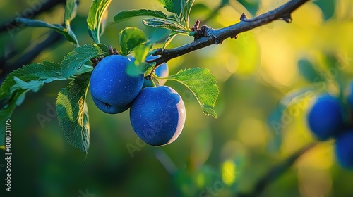 Obraz na płótnie beautiful ripe plums on a branch. Selective focus