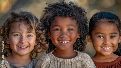 Three smiling children with different hair textures, close-up