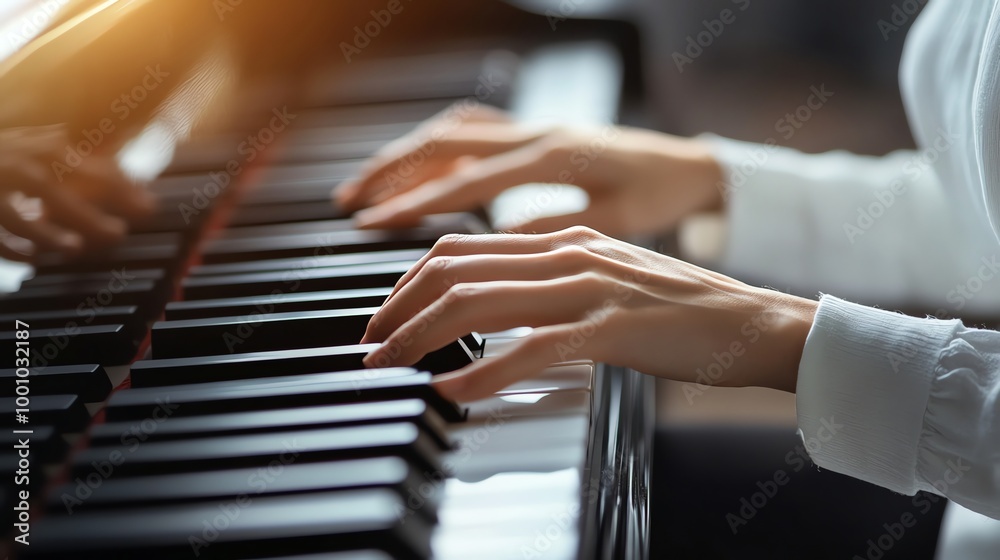 Obraz premium A close-up of a person's hands playing a piano.