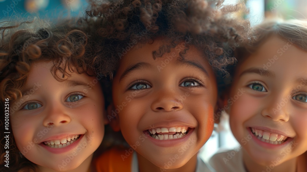 Three smiling children with different hair textures, faces close Three smiling children with different hair textures, faces close