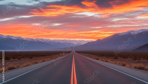 Winding road leading to a stunning sunset over majestic mountains in the distance