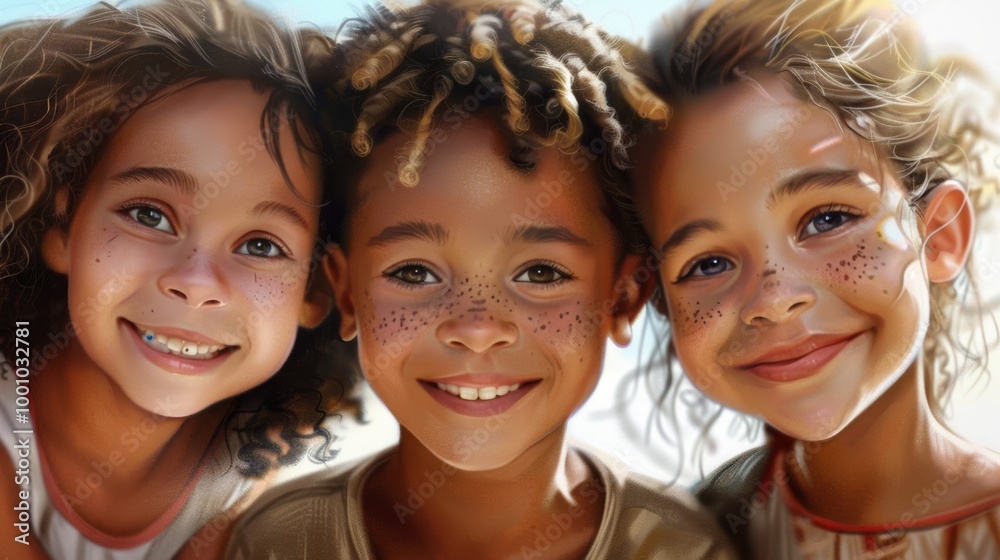 Fototapeta premium Three smiling children with different hair types, faces close