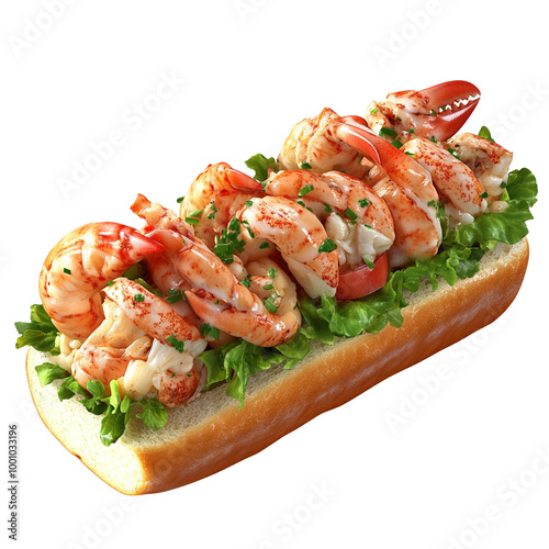 Delicious shrimp sandwich with fresh lettuce and tomatoes, served on a soft bread roll. Perfect for seafood lovers and a great addition to any culinary collection. photo