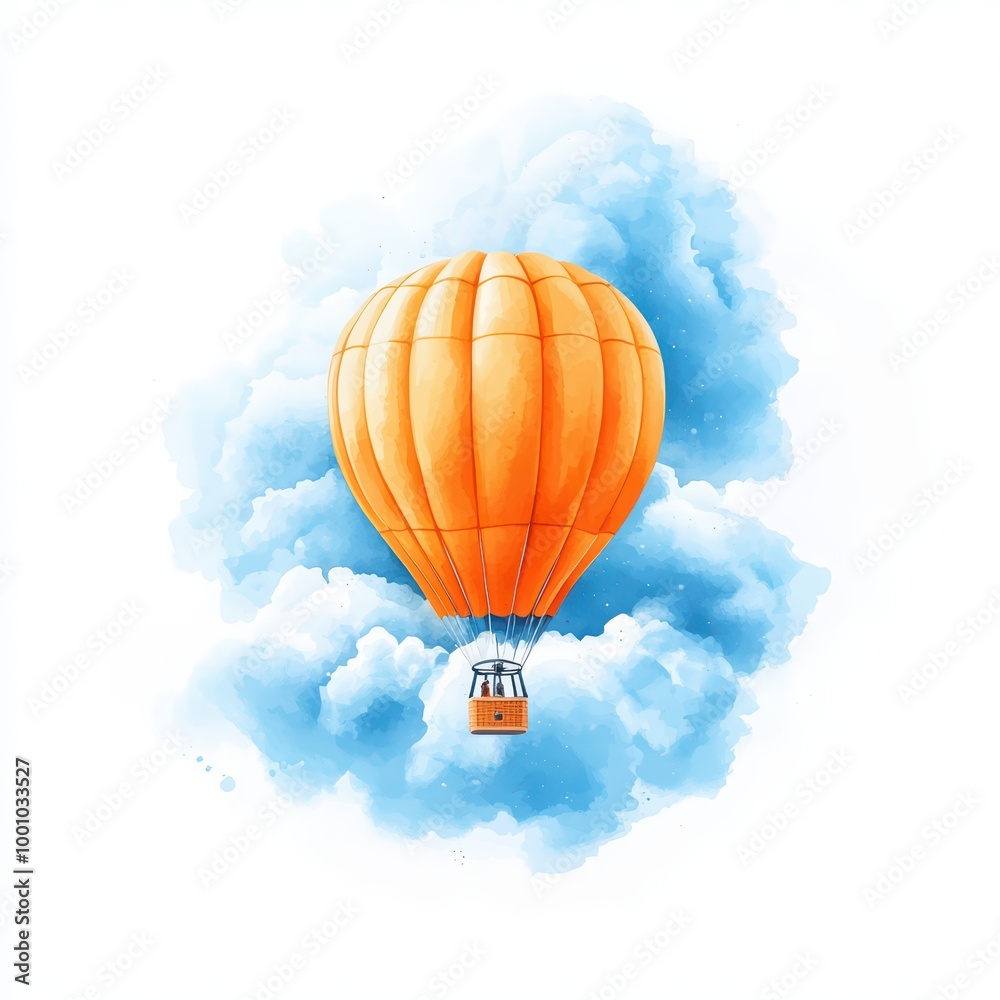 Fototapeta premium Colorful hot air balloon floating amidst fluffy clouds, white isolated background.