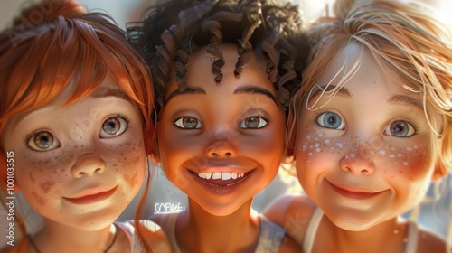 Three smiling children with different skin tones, faces close