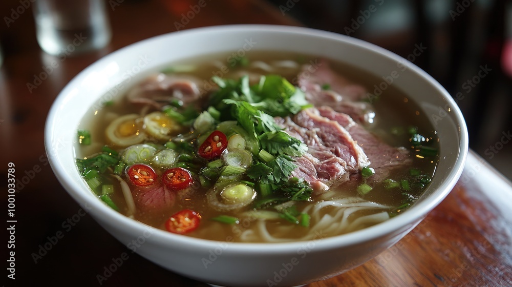 A beautifully plated bowl of noodle soup with clear broth, loaded with vegetables, herbs, and sliced meat, set against a rustic wooden table. A beautifully plated bowl of noodle soup with clear broth, loaded with vegetables, herbs, and sliced meat, set against a rustic wooden table.
