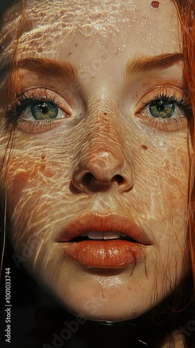 Close-Up Portrait of a Woman with Wet Skin and Green Eyes