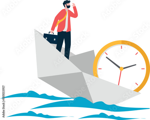 Business man and clock on a paper boat about to sink into the sea

