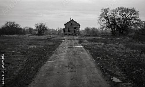 A long, winding dirt road leads to a small house in the middle of a field