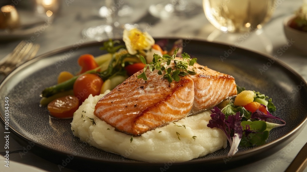 A beautifully plated salmon dish with a side of creamy mashed potatoes and seasonal vegetables, garnished with herbs and served in an elegant dining setting. A beautifully plated salmon dish with a side of creamy mashed potatoes and seasonal vegetables, garnished with herbs and served in an elegant dining setting.