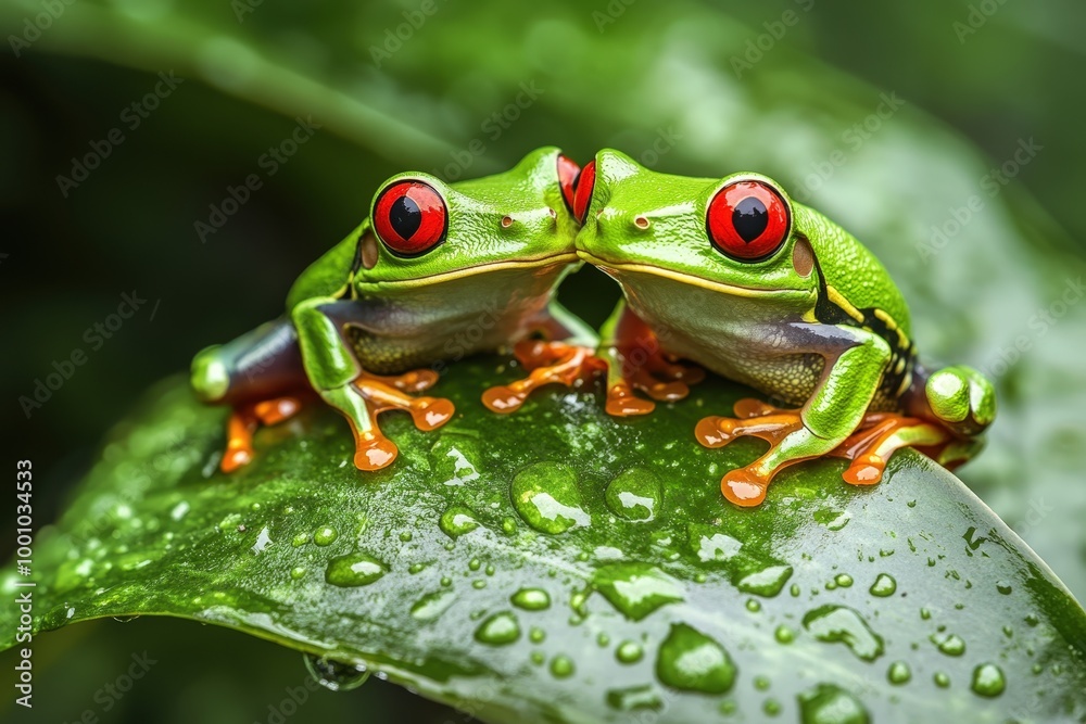 Vibrant green tree frog with red eyes on a wet leaf Vibrant green tree frog with red eyes on a wet leaf
