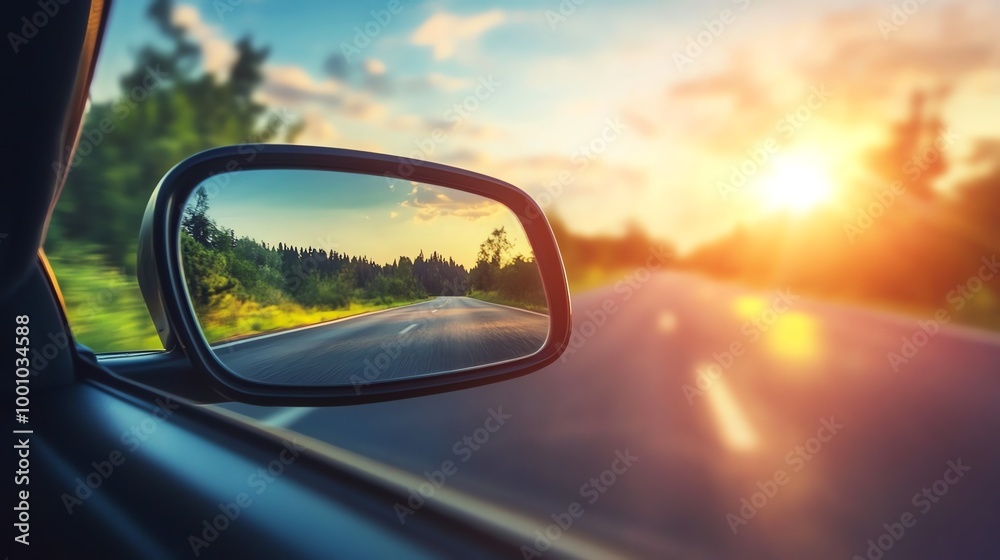 A car driving through a forest at sunset, as seen from the driver's seat. A car driving through a forest at sunset, as seen from the driver's seat.