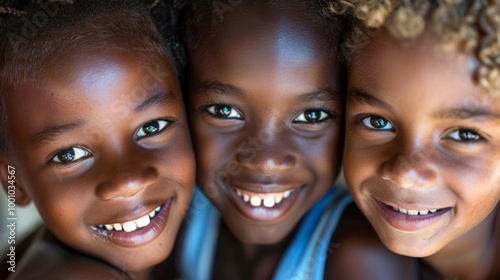 Three smiling children with varied hair textures, faces close together