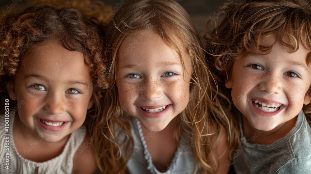 Three smiling children with varied skin tones, faces close Three smiling children with varied skin tones, faces close