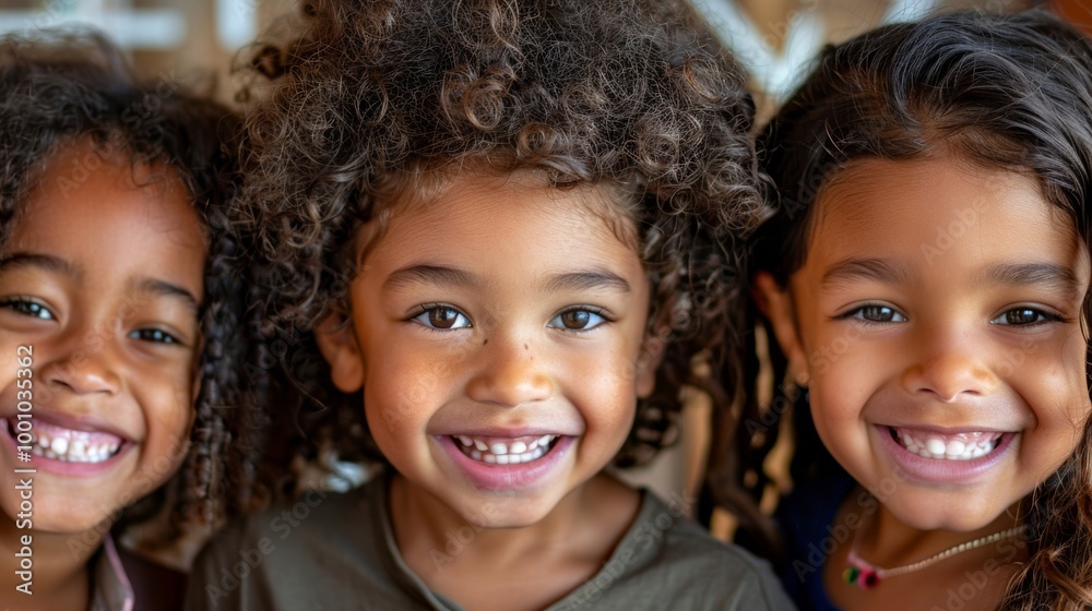 Three smiling children with varied skin tones, faces close Three smiling children with varied skin tones, faces close