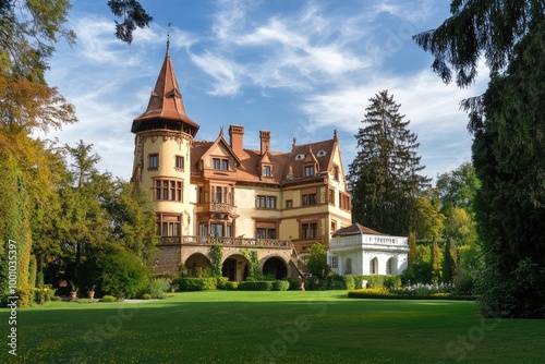 Picturesque historical castle surrounded by lush gardens