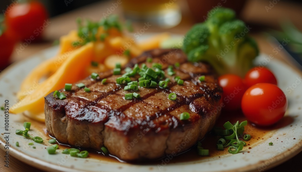 A perfectly grilled steak served with vegetables and garnished with fresh herbs, presenting a wholesome and flavorful dish. A perfectly grilled steak served with vegetables and garnished with fresh herbs, presenting a wholesome and flavorful dish.