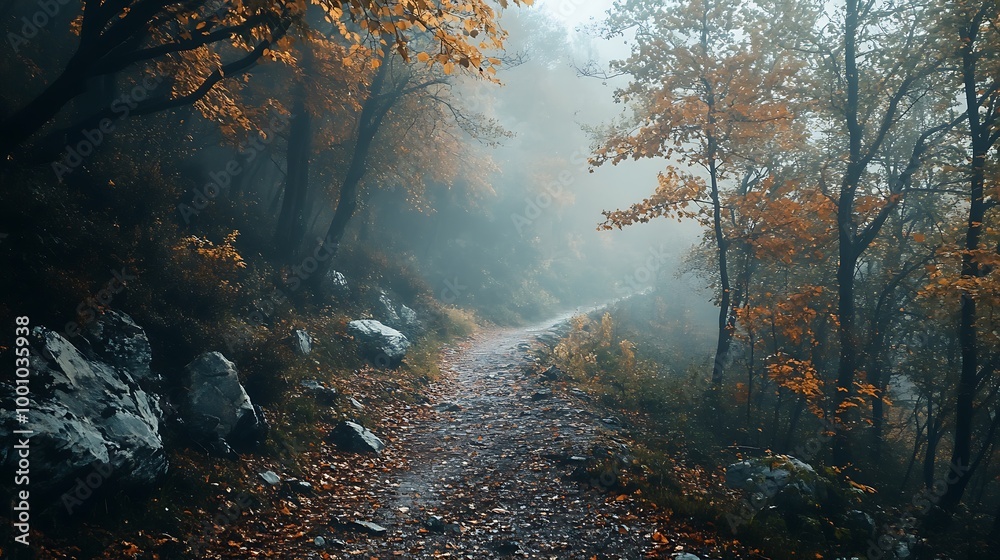 A mountain trail during autumn, with mist and light rain falling through the forest. A mountain trail during autumn, with mist and light rain falling through the forest.